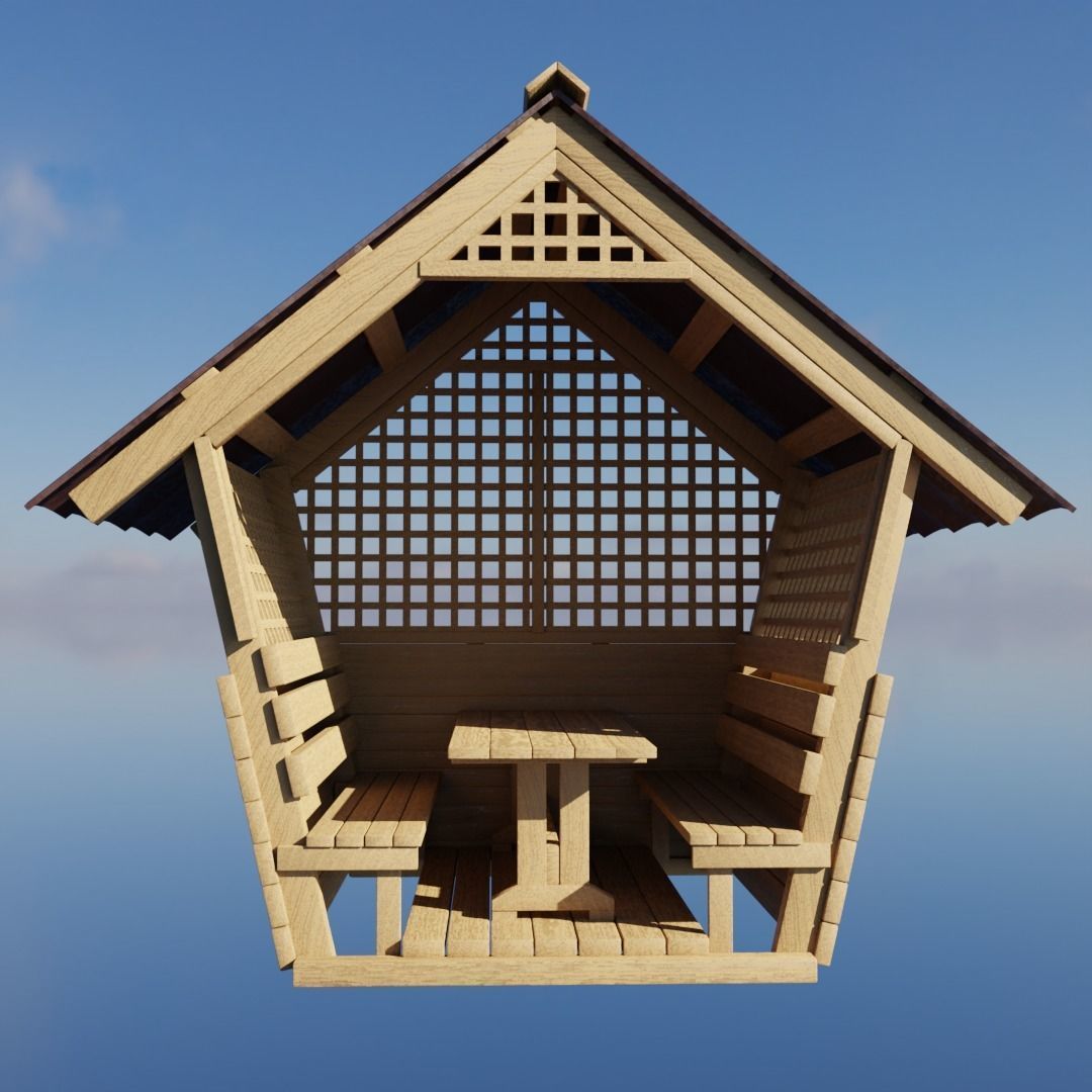 Wooden gazebo for relaxation Low-poly 3D model_1