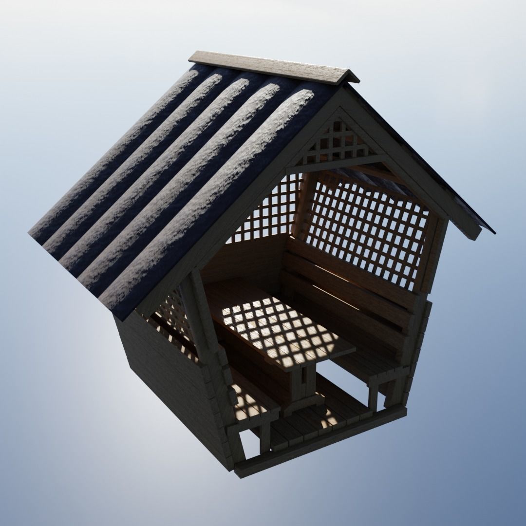 Wooden gazebo for relaxation Low-poly 3D model_4