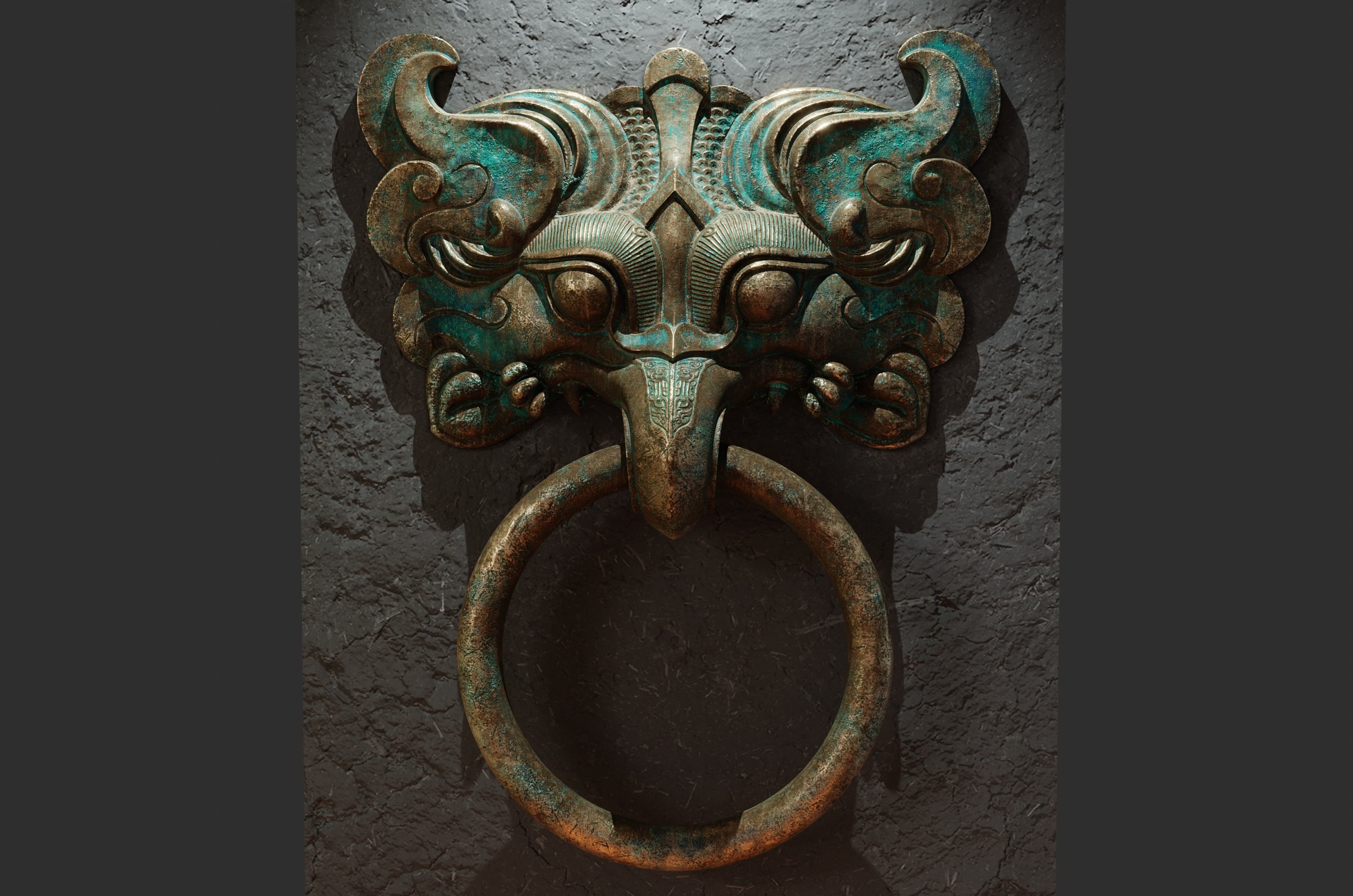 Ancient Chinese Bronze mythical beast Door Knocker PBR Material  3D model_1
