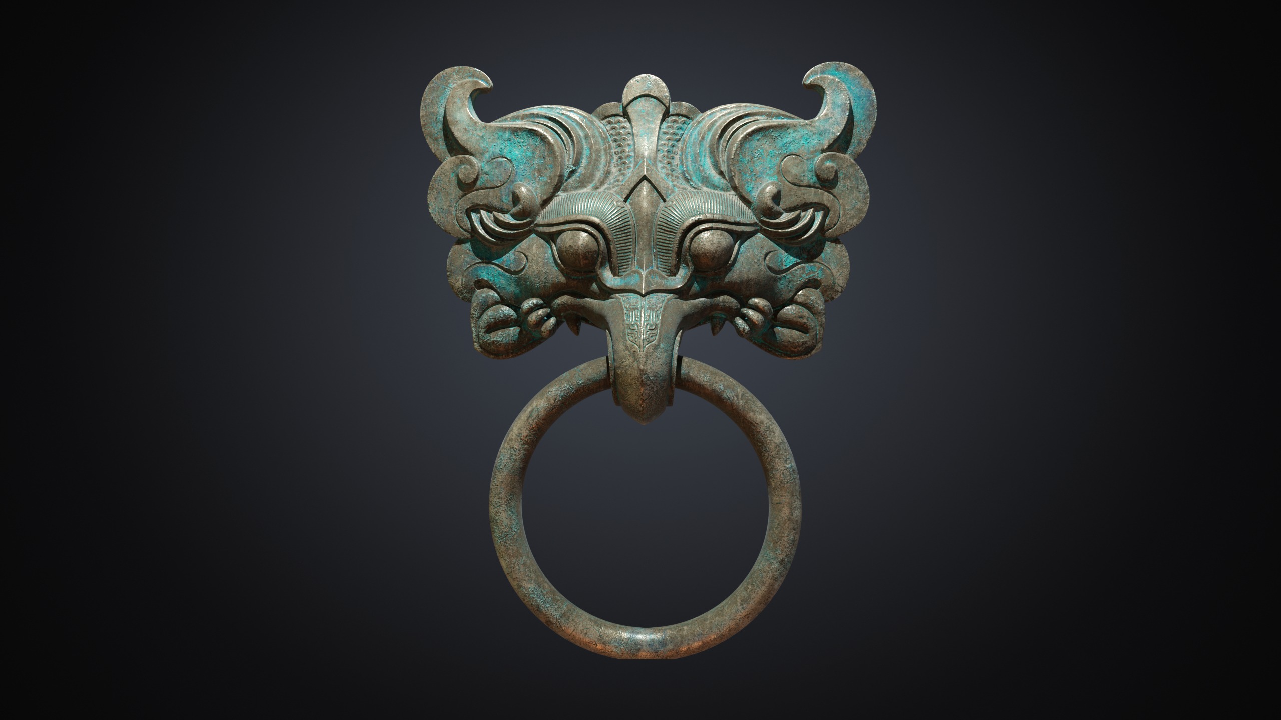 Ancient Chinese Bronze mythical beast Door Knocker PBR Material  3D model_2