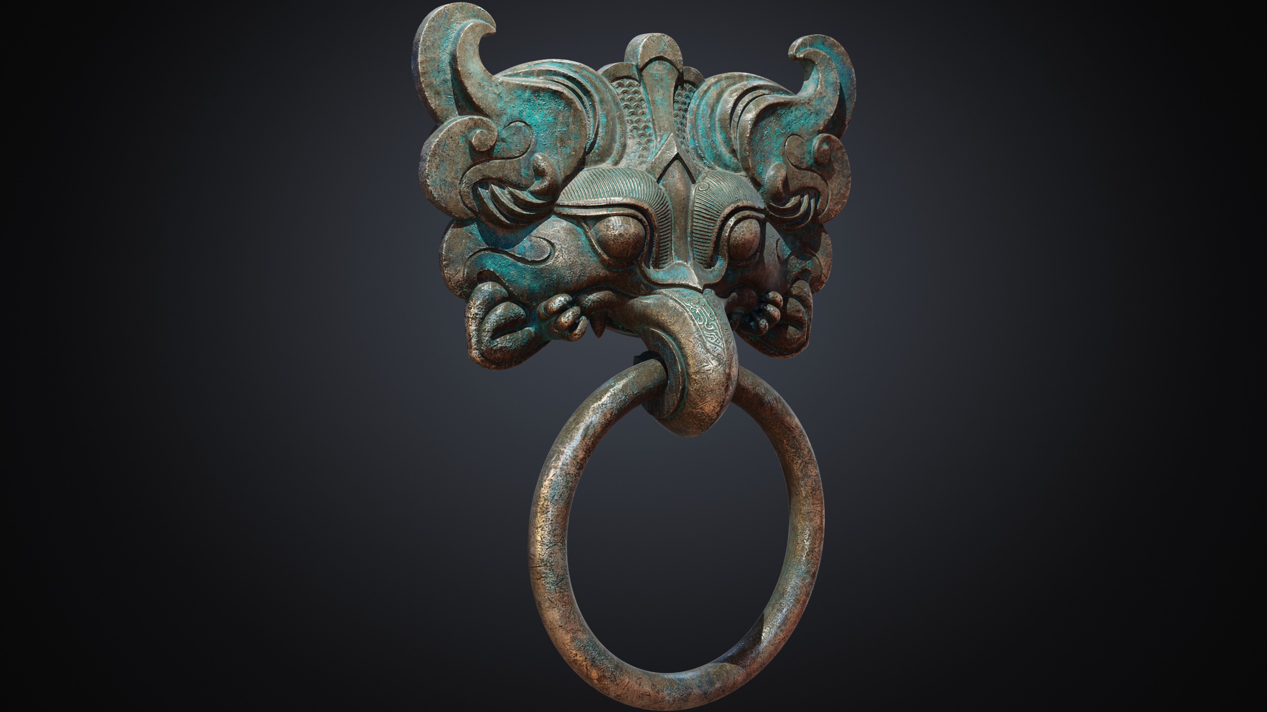 Ancient Chinese Bronze mythical beast Door Knocker PBR Material  3D model_4