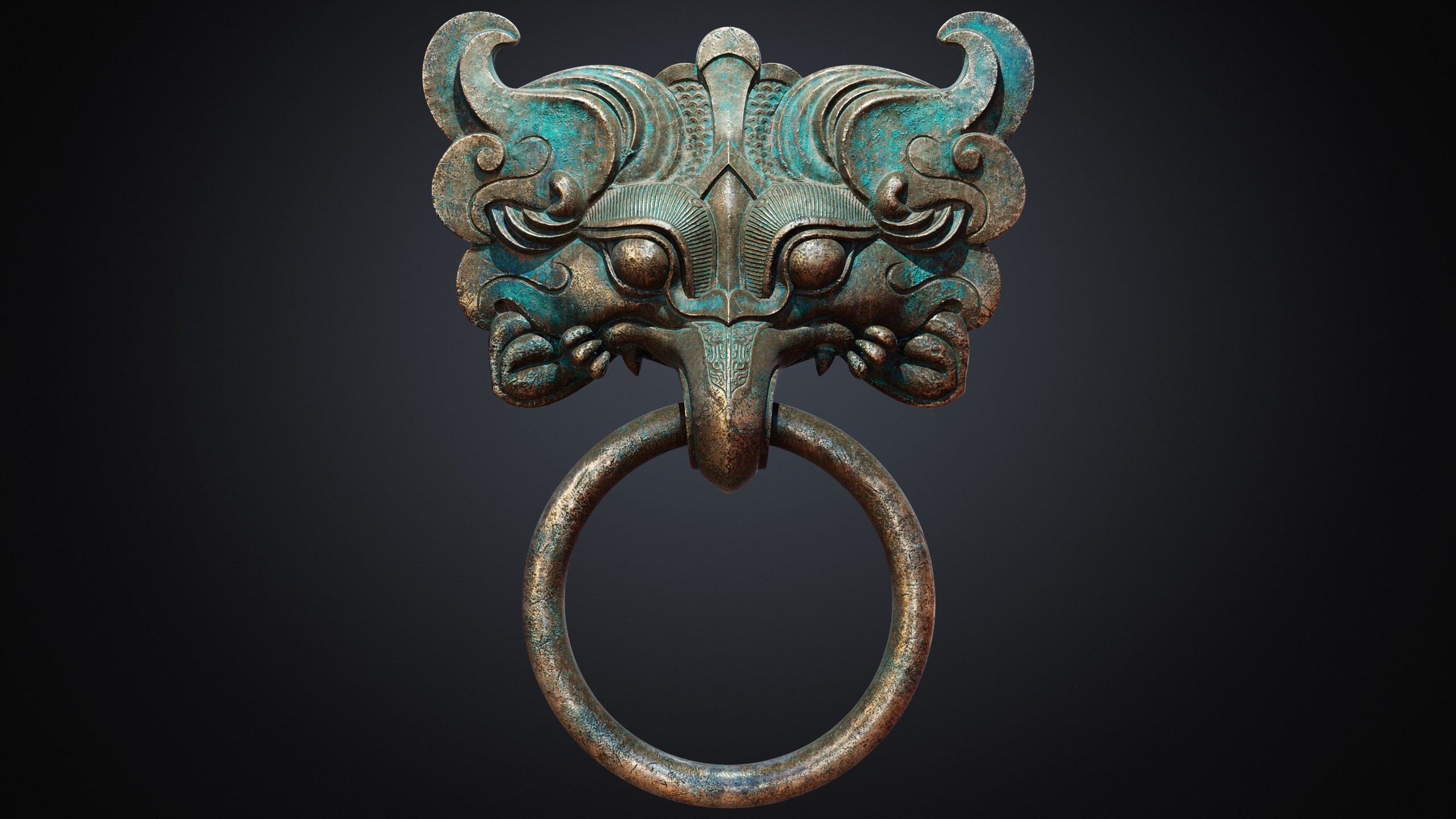 Ancient Chinese Bronze mythical beast Door Knocker PBR Material  3D model_3