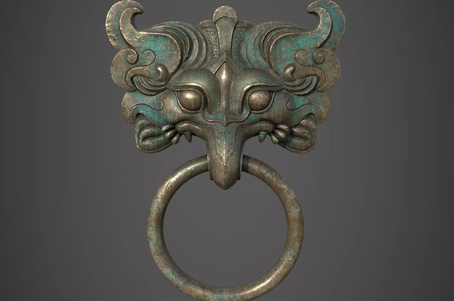 Ancient Chinese Bronze mythical beast Door Knocker PBR Material  3D model_0