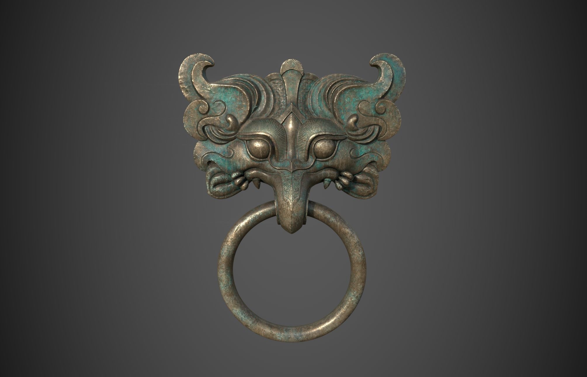 Ancient Chinese Bronze mythical beast Door Knocker PBR Material  3D model_12