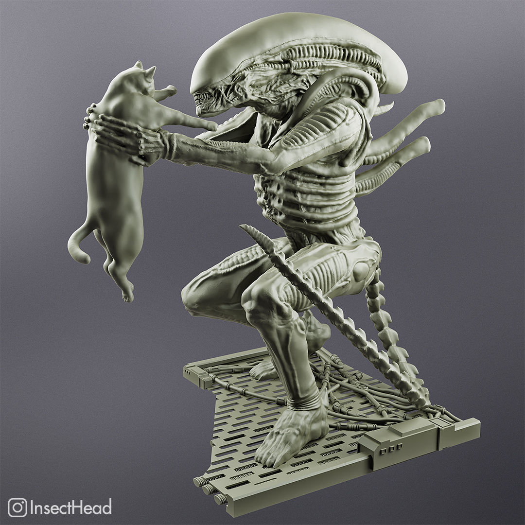 Alien xenomorph holding a cat for 3D printing 3D print model_1