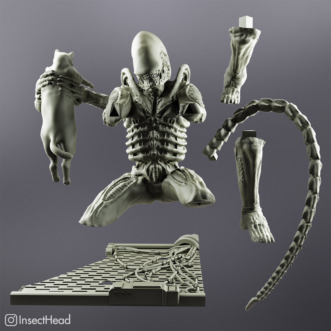 Alien xenomorph holding a cat for 3D printing 3D print model_2