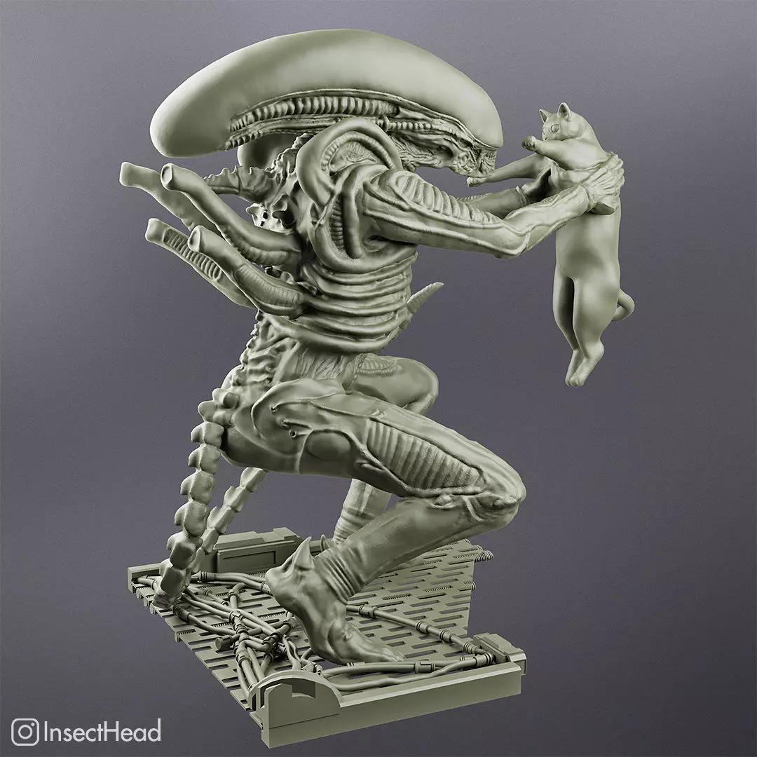 Alien xenomorph holding a cat for 3D printing 3D print model_0