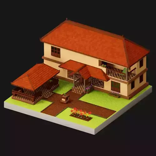 Simple Low Poly Isometric Traditional Indian House 3D Model