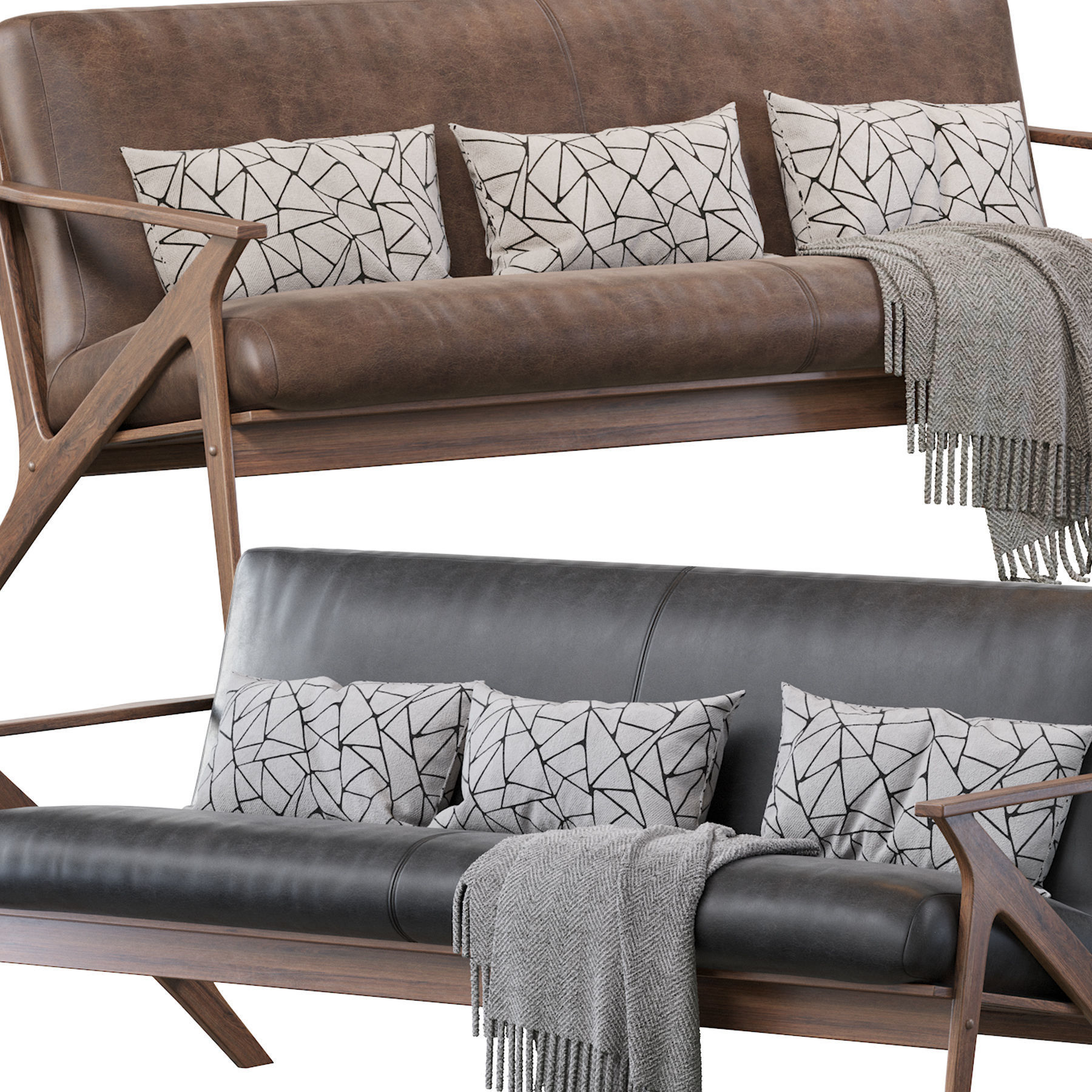 Baxton Studio Bianca Dark Brown Faux Leather 3 Seater Sofa 3D model_2