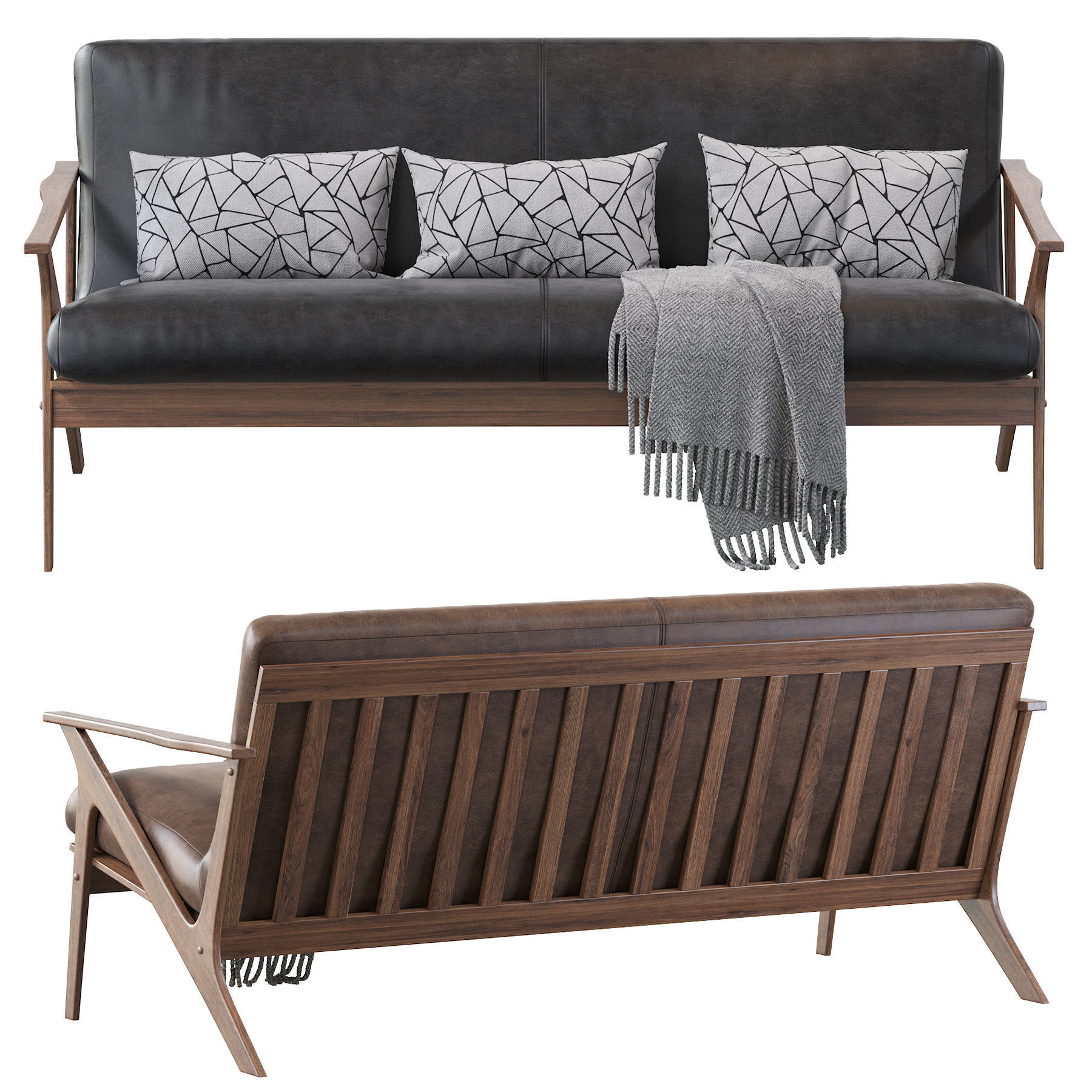 Baxton Studio Bianca Dark Brown Faux Leather 3 Seater Sofa 3D model_1