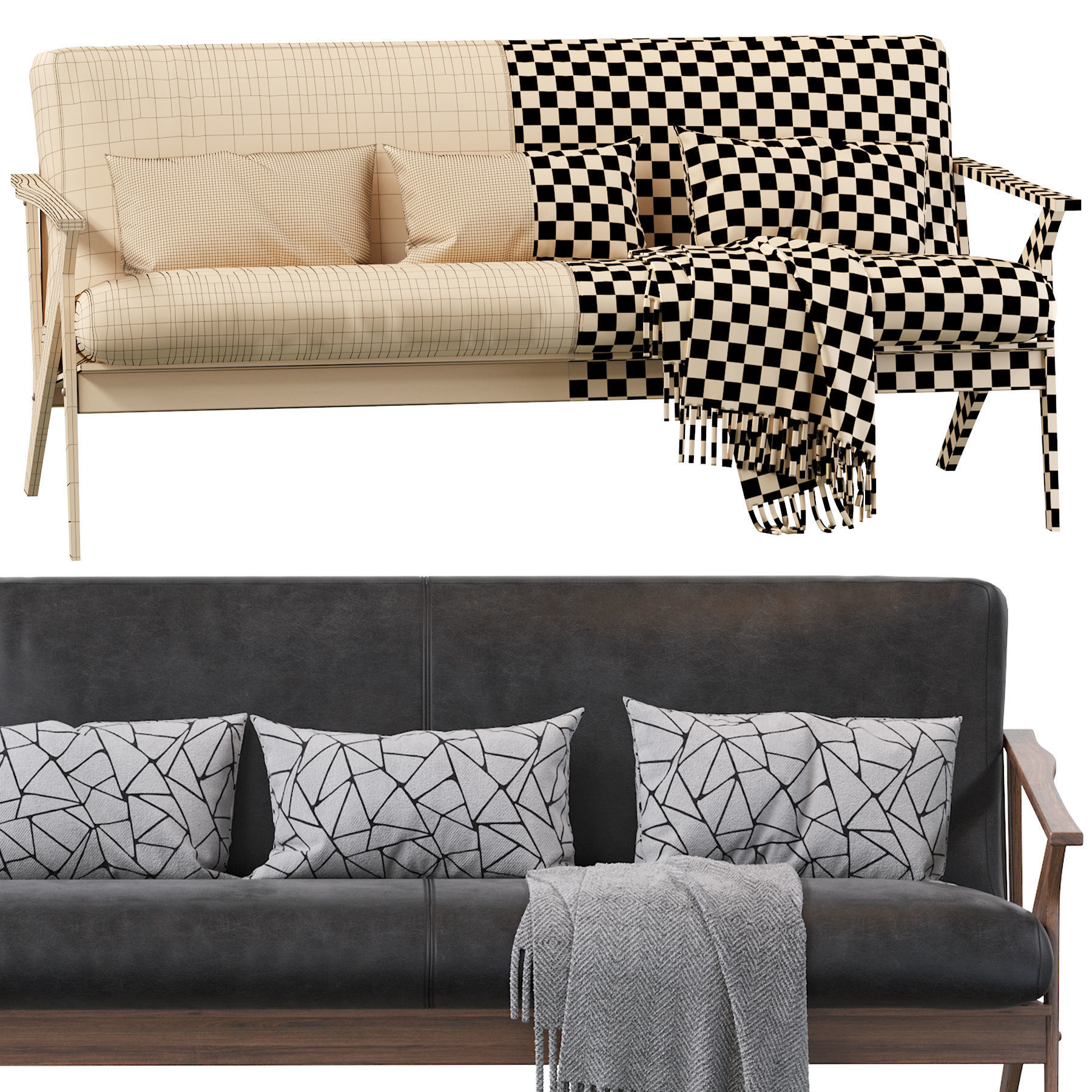 Baxton Studio Bianca Dark Brown Faux Leather 3 Seater Sofa 3D model_3