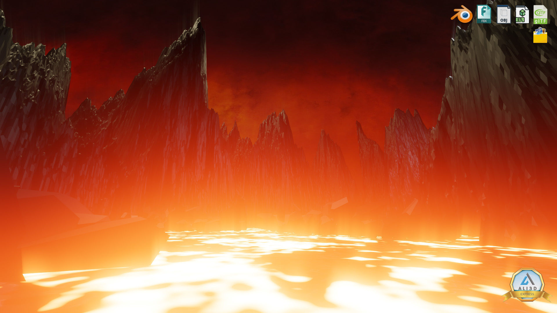 Large Scale Hell Landscape Mountains fire and flowing Lava 3D model_14