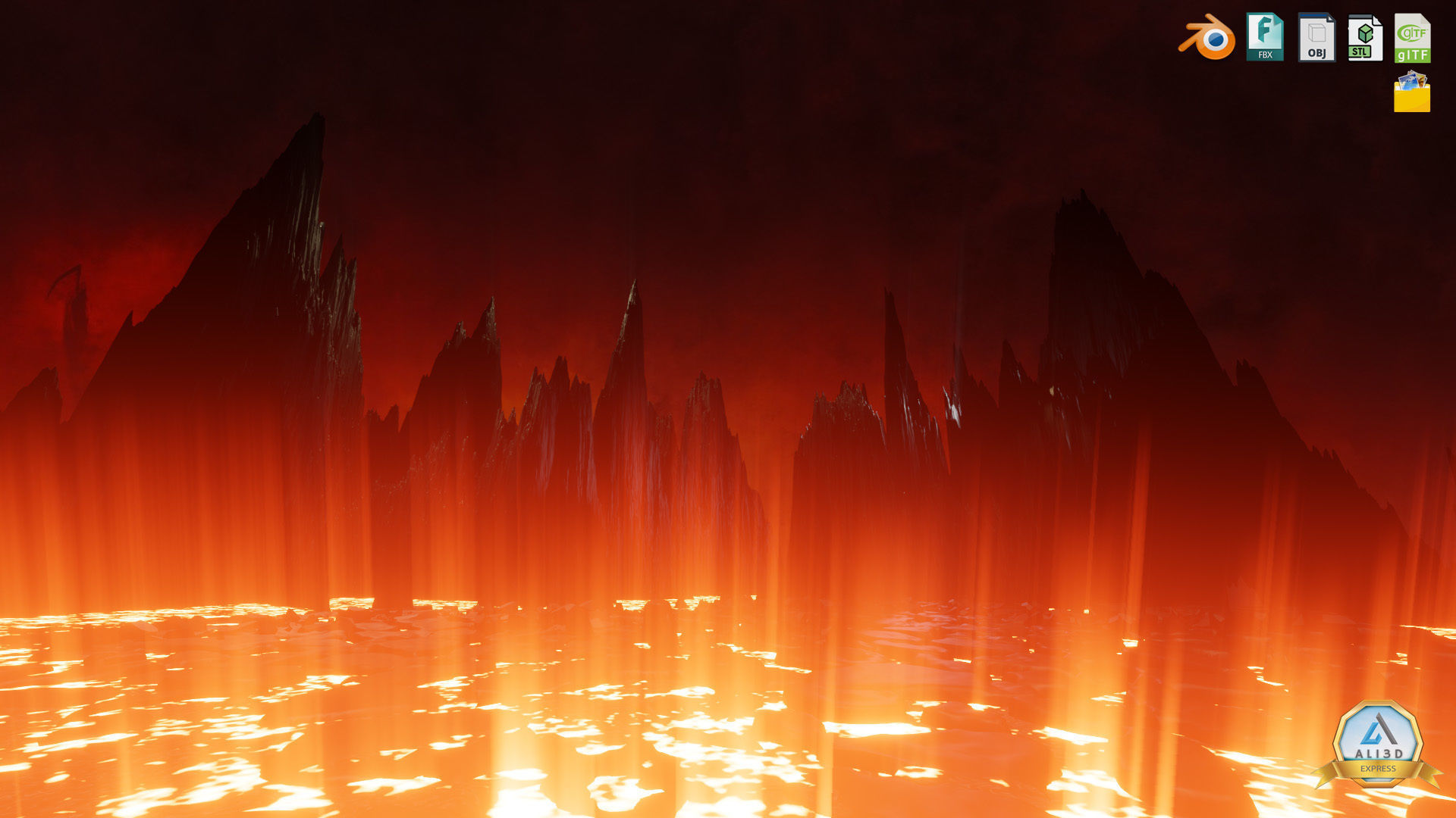 Large Scale Hell Landscape Mountains fire and flowing Lava 3D model_8