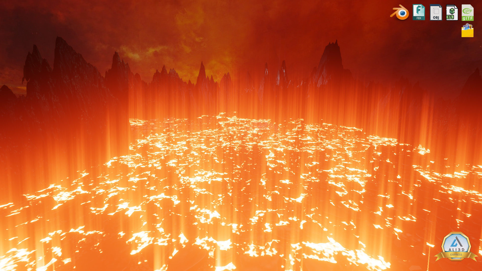 Large Scale Hell Landscape Mountains fire and flowing Lava 3D model_9