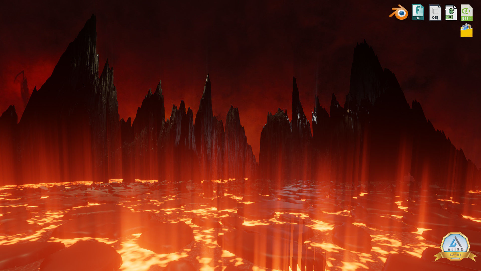 Large Scale Hell Landscape Mountains fire and flowing Lava 3D model_10