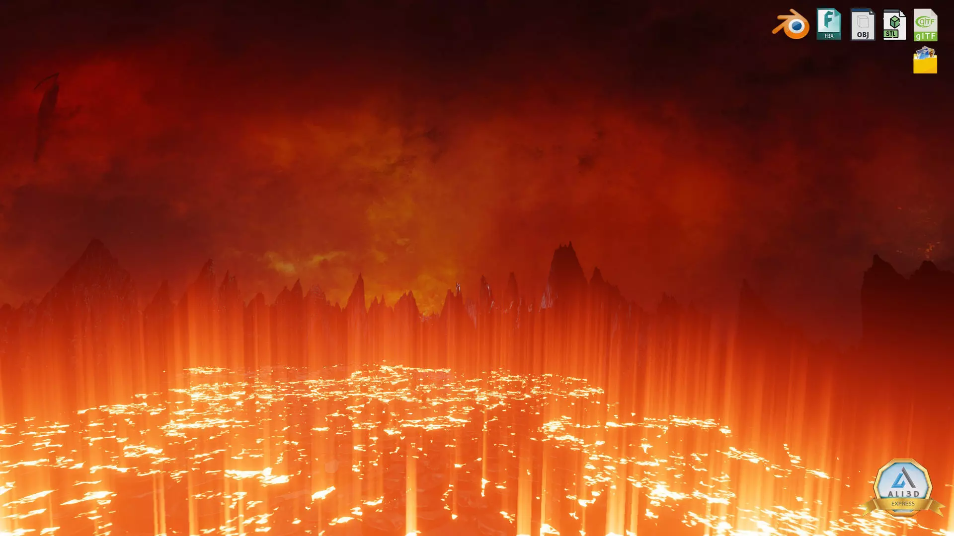 Large Scale Hell Landscape Mountains fire and flowing Lava 3D model_0