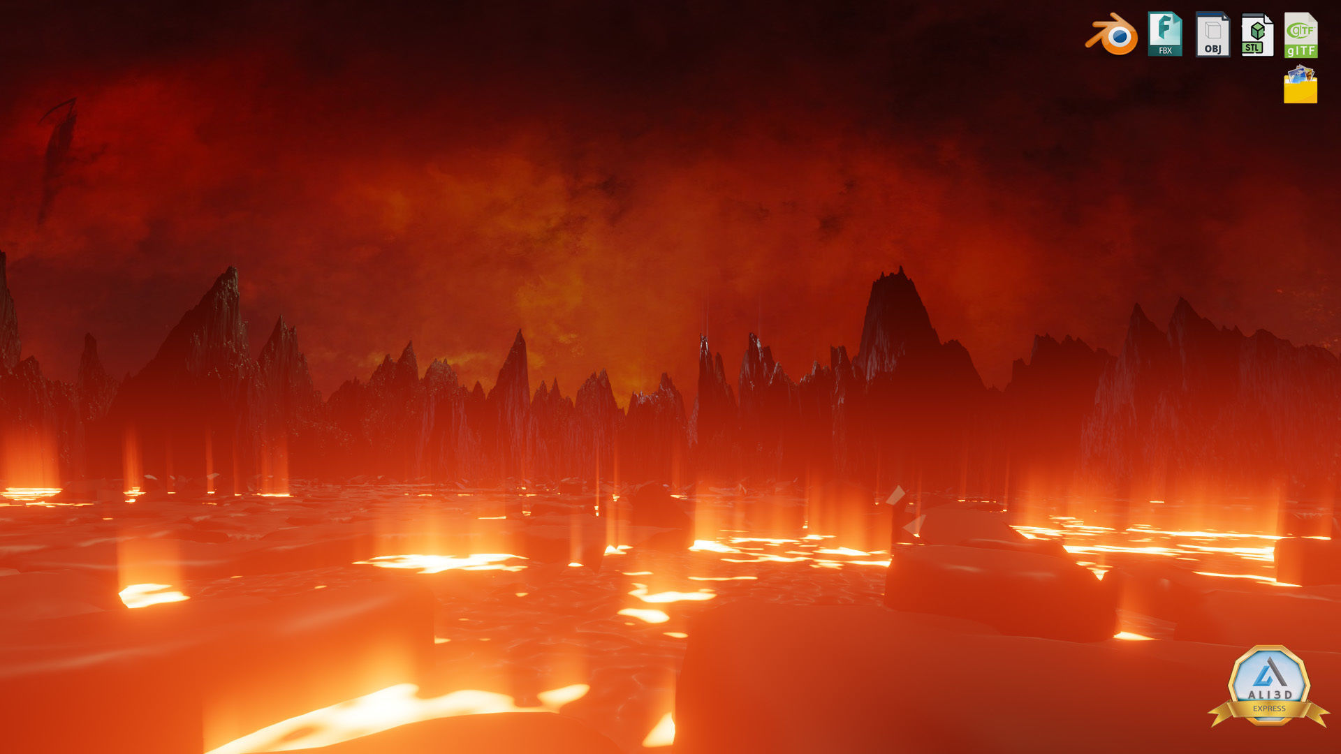 Large Scale Hell Landscape Mountains fire and flowing Lava 3D model_13