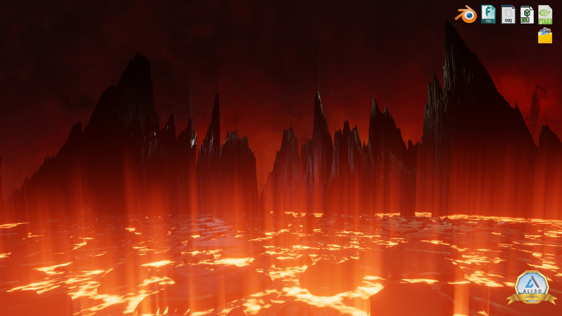 Large Scale Hell Landscape Mountains fire and flowing Lava 3D model_7