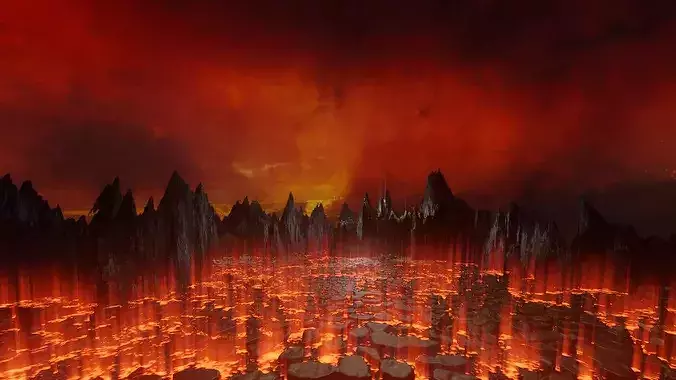 Large Scale Hell Landscape Mountains fire and flowing Lava