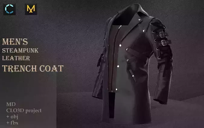 Mens steampunk leather trench coat
