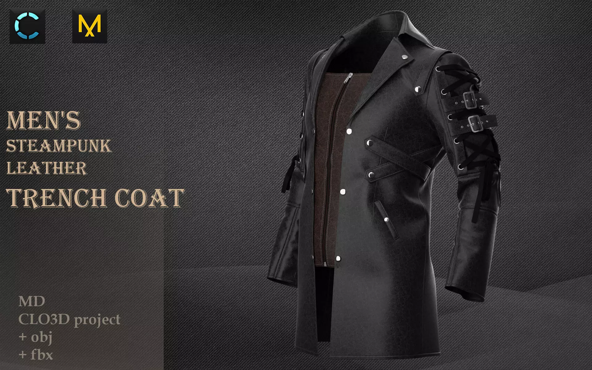 Mens steampunk leather trench coat 3D model