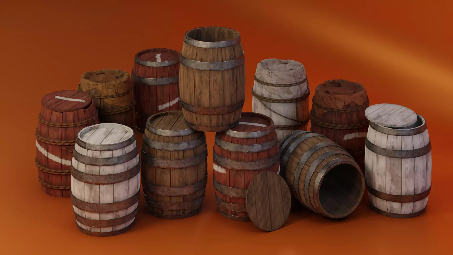 Medieval Wooden Barrels Low-poly 3D model_0