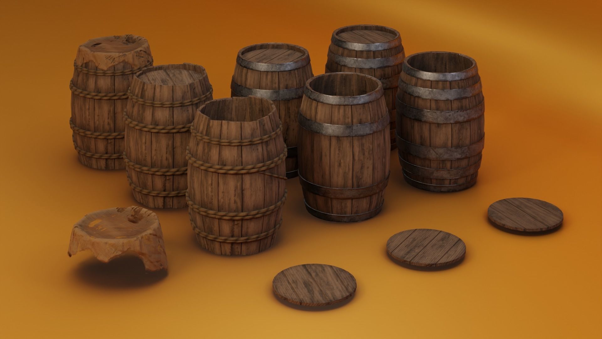 Medieval Wooden Barrels Low-poly 3D model_1