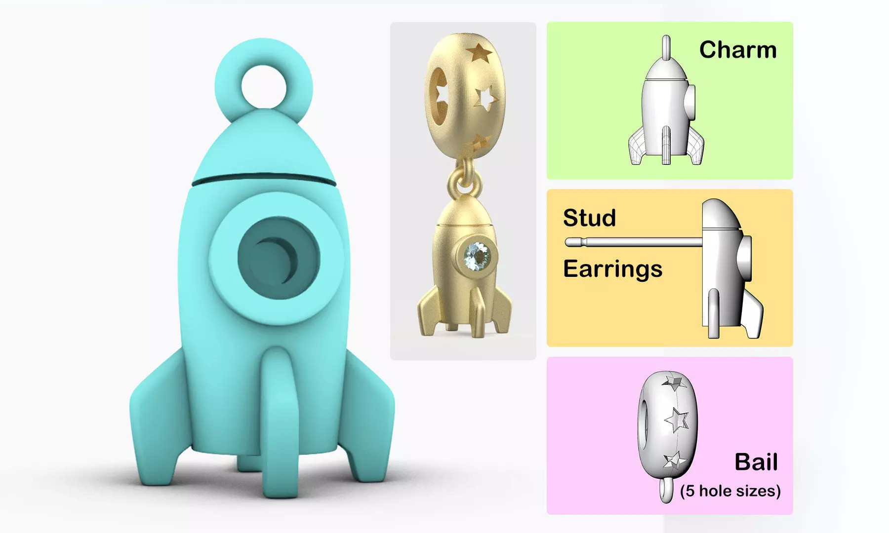 Rocket Charm With Diamond - Pendant for Bracelet 3D print model_0