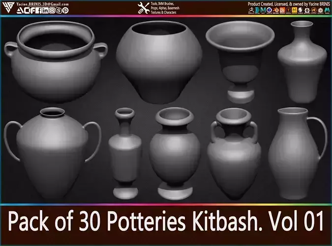 Pack of 30 Potteries Kitbash Volume 01 Low-poly 3D model