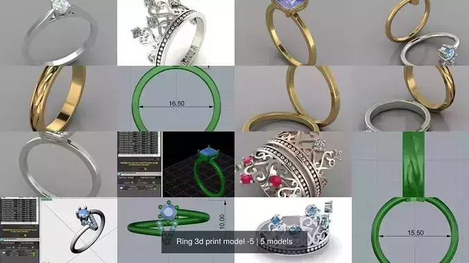 Ring 3d print model -5 silver tiara with diamonds 3D Model Collection