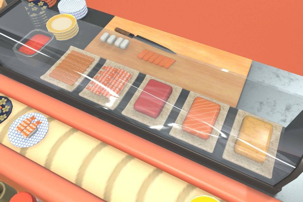 Cute Sushi Restaurant Set Low-poly 3D model_7
