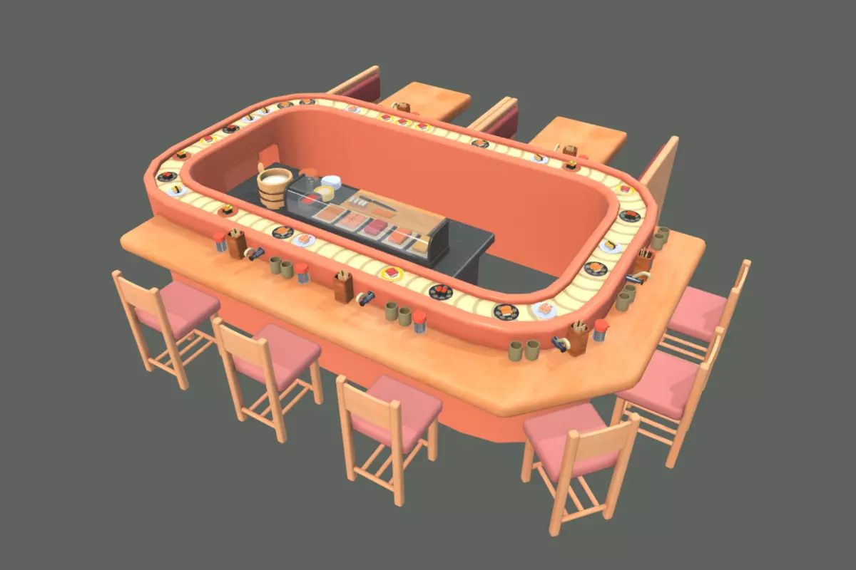 Cute Sushi Restaurant Set Low-poly 3D model_0