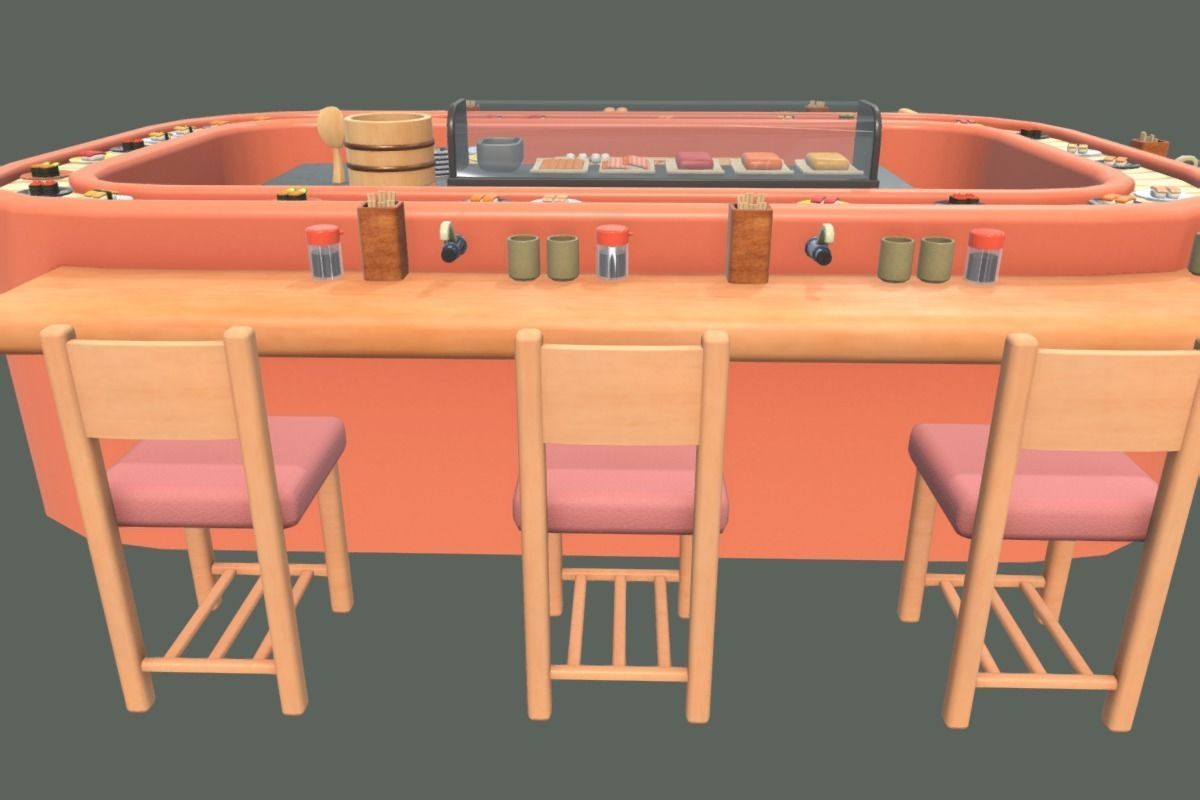 Cute Sushi Restaurant Set Low-poly 3D model_4
