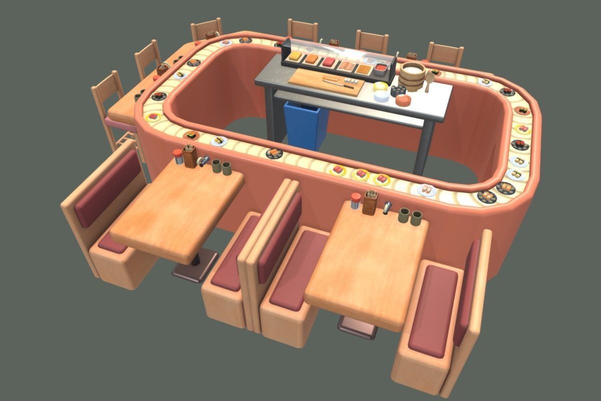 Cute Sushi Restaurant Set Low-poly 3D model_2
