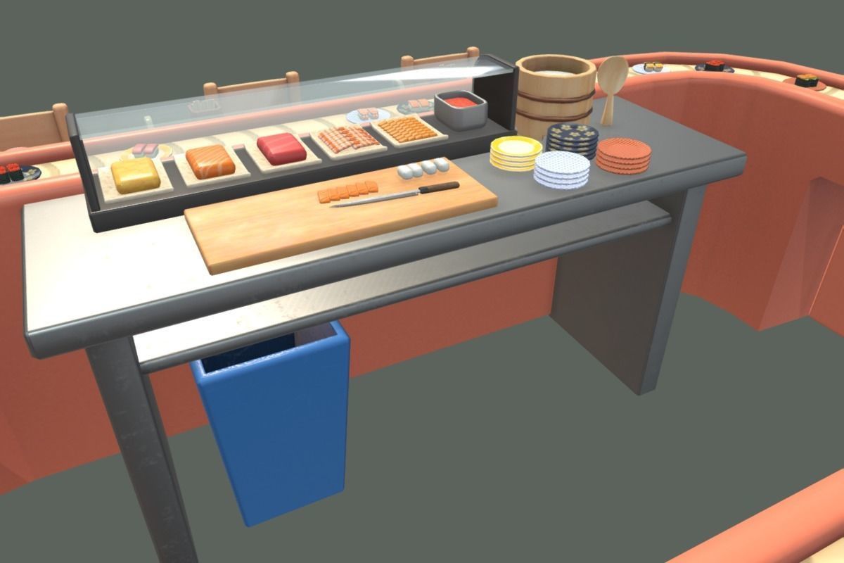 Cute Sushi Restaurant Set Low-poly 3D model_6