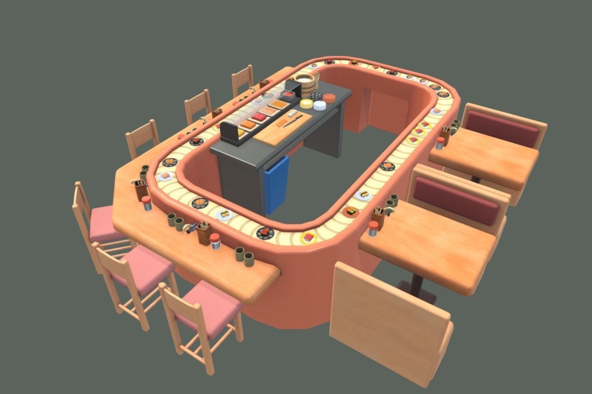 Cute Sushi Restaurant Set Low-poly 3D model_1