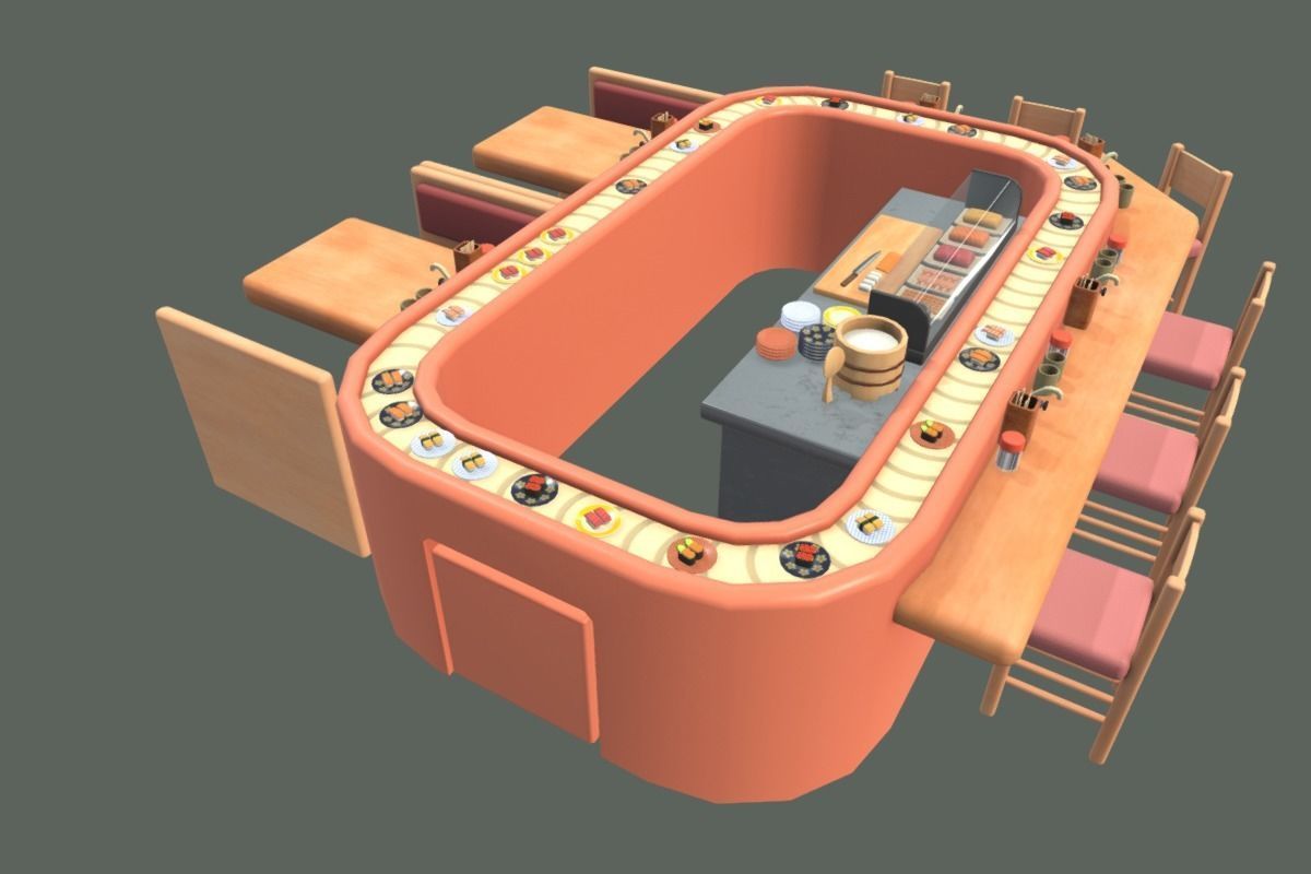 Cute Sushi Restaurant Set Low-poly 3D model_3