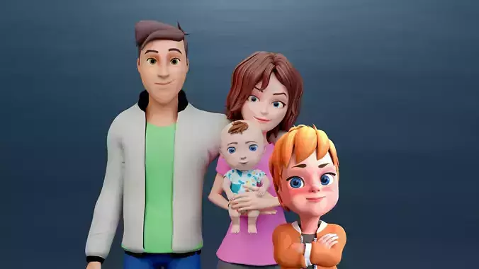 Cartoon family pack rigged Low-poly 3D model