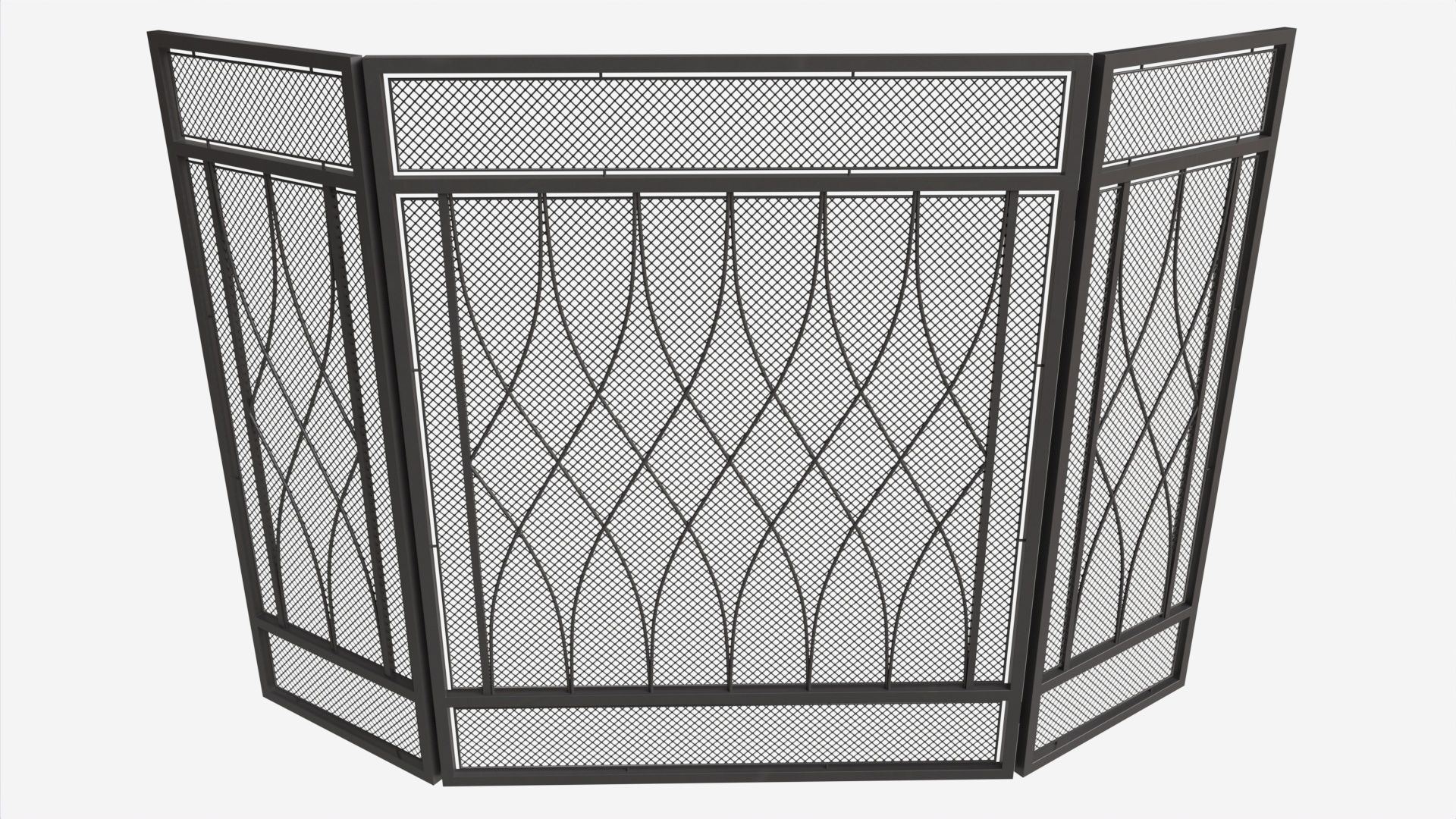 Folding Fireplace Screen 3-Panel Metal Mesh 3D model_1