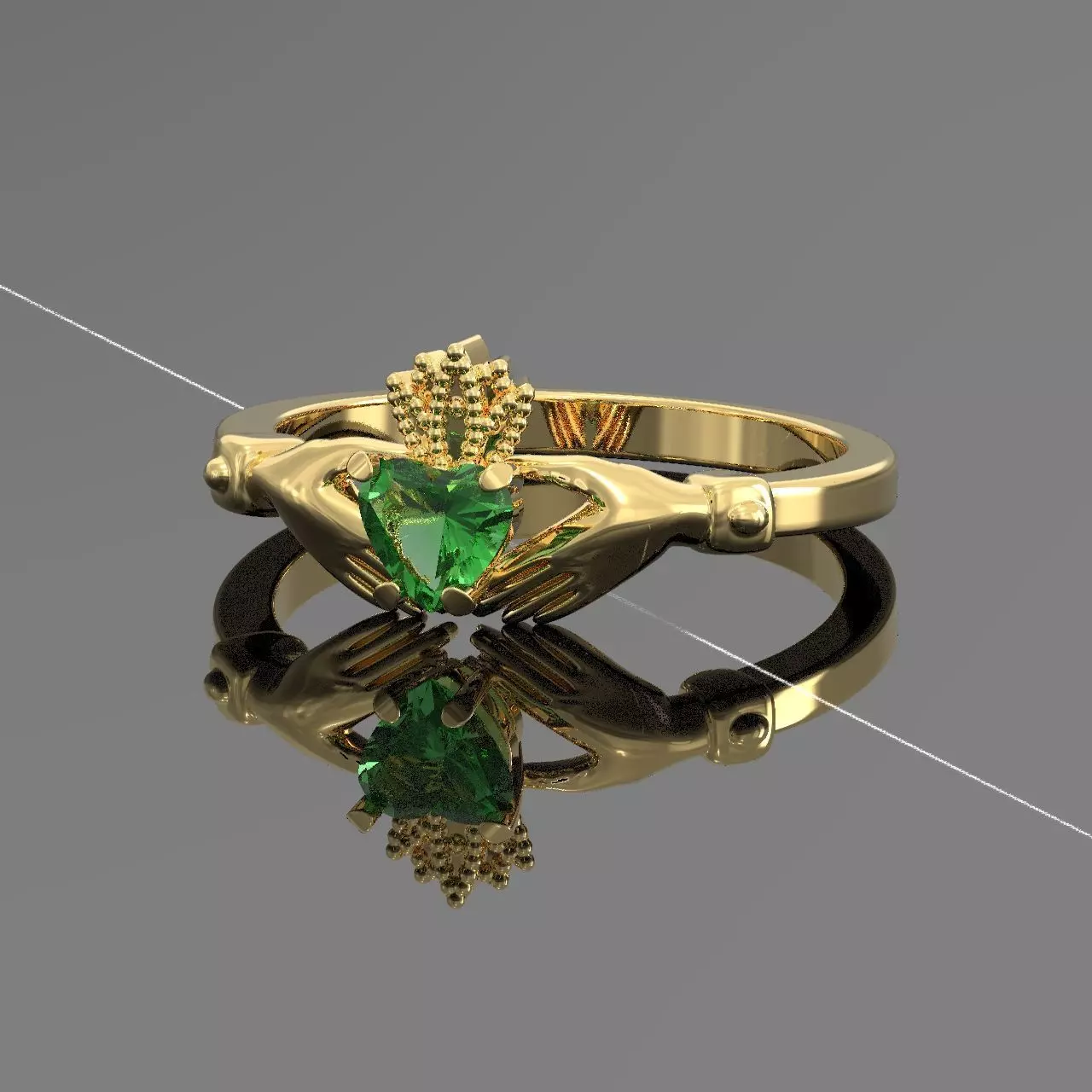 Gold Claddagh Ring with Green Heart Gemstone and Crown 3D Model 3D print model_1