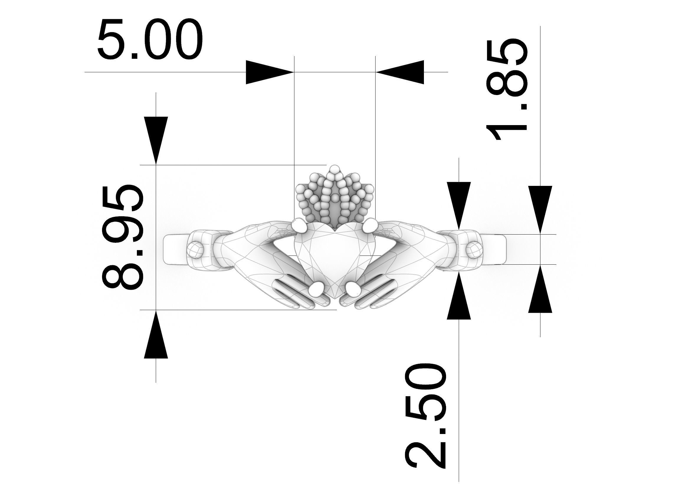 Gold Claddagh Ring with Green Heart Gemstone and Crown 3D Model 3D print model_5