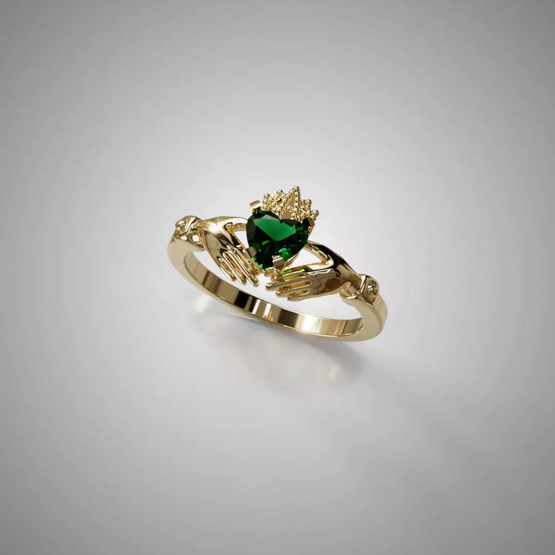 Gold Claddagh Ring with Green Heart Gemstone and Crown 3D Model 3D print model_0