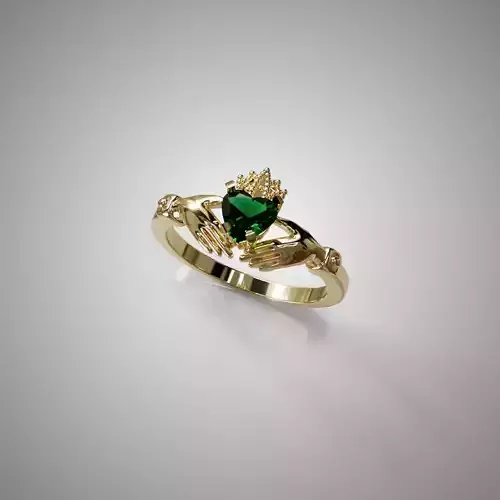 Gold Claddagh Ring with Green Heart Gemstone and Crown 3D Model 3D print model