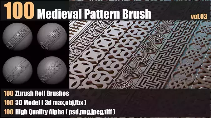 100 medieval Pattern Brush and 3d Models and Alpha VOL03 3D model