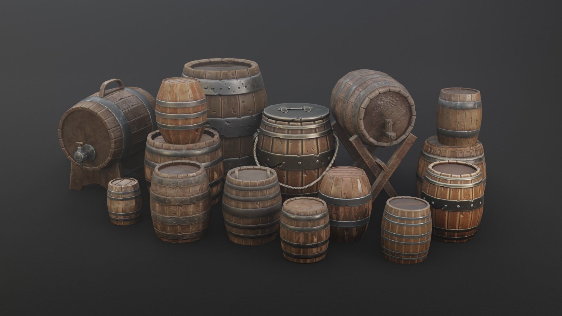 Barrel Pack Low poly High Quality PBR Low-poly 3D model_1