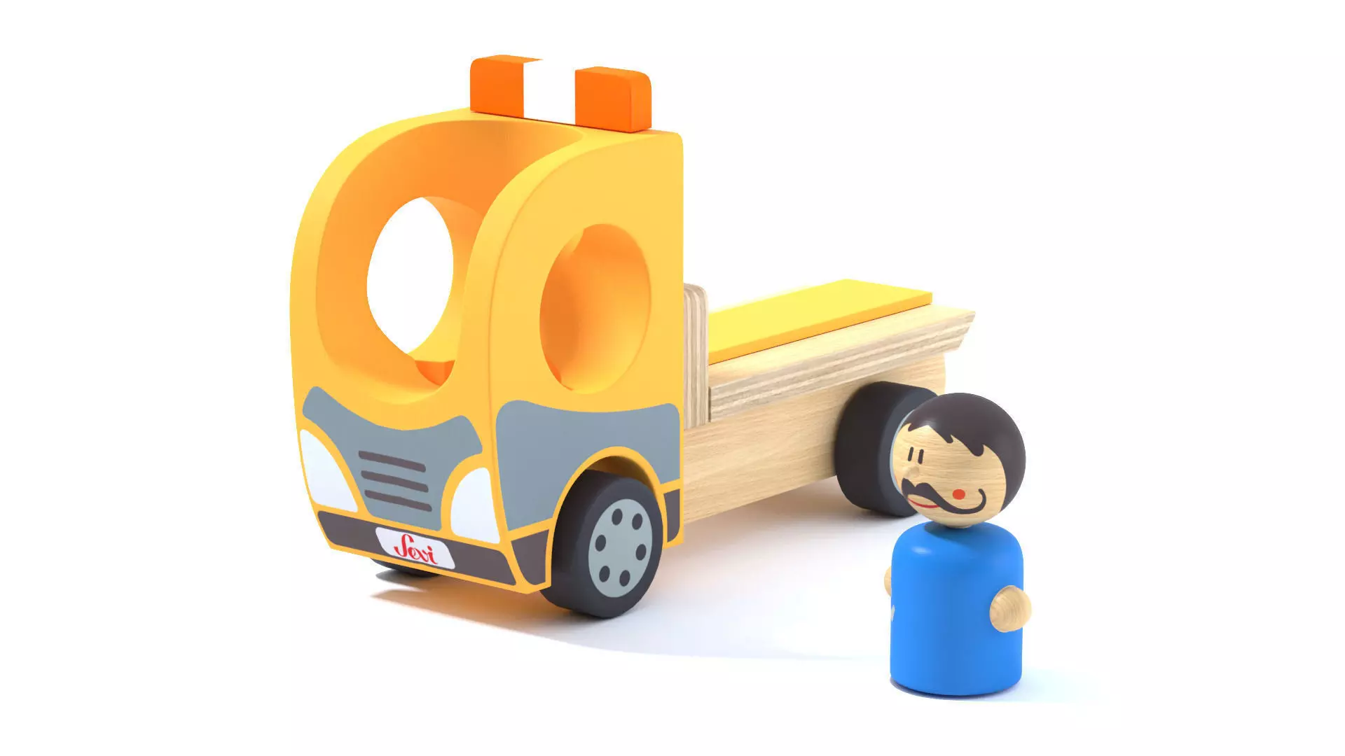 Toy Wood tow truck and character Camion et personnage en bois Low-poly 3D model_0
