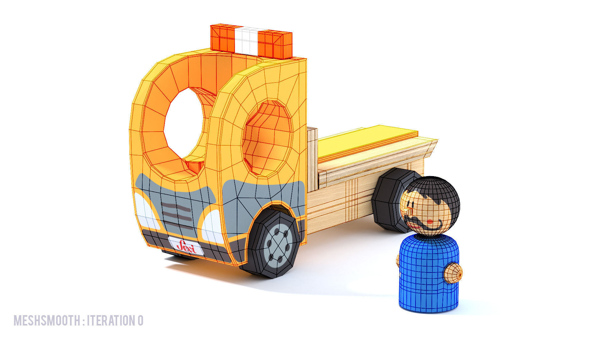 Toy Wood tow truck and character Camion et personnage en bois Low-poly 3D model_3
