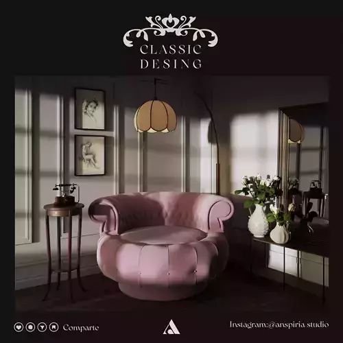 Arm Chair Pink Velvet Classic and Lamp 