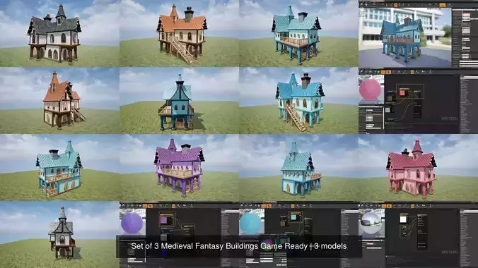 Set of 3 Medieval Fantasy Buildings Game Ready 3D Model Collection