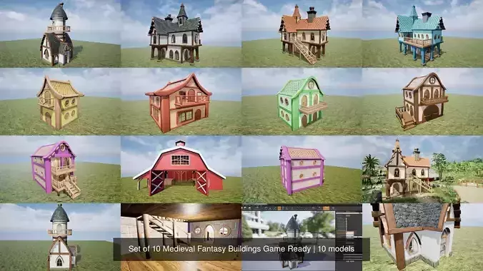 Set of 10 Medieval Fantasy Buildings Game Ready